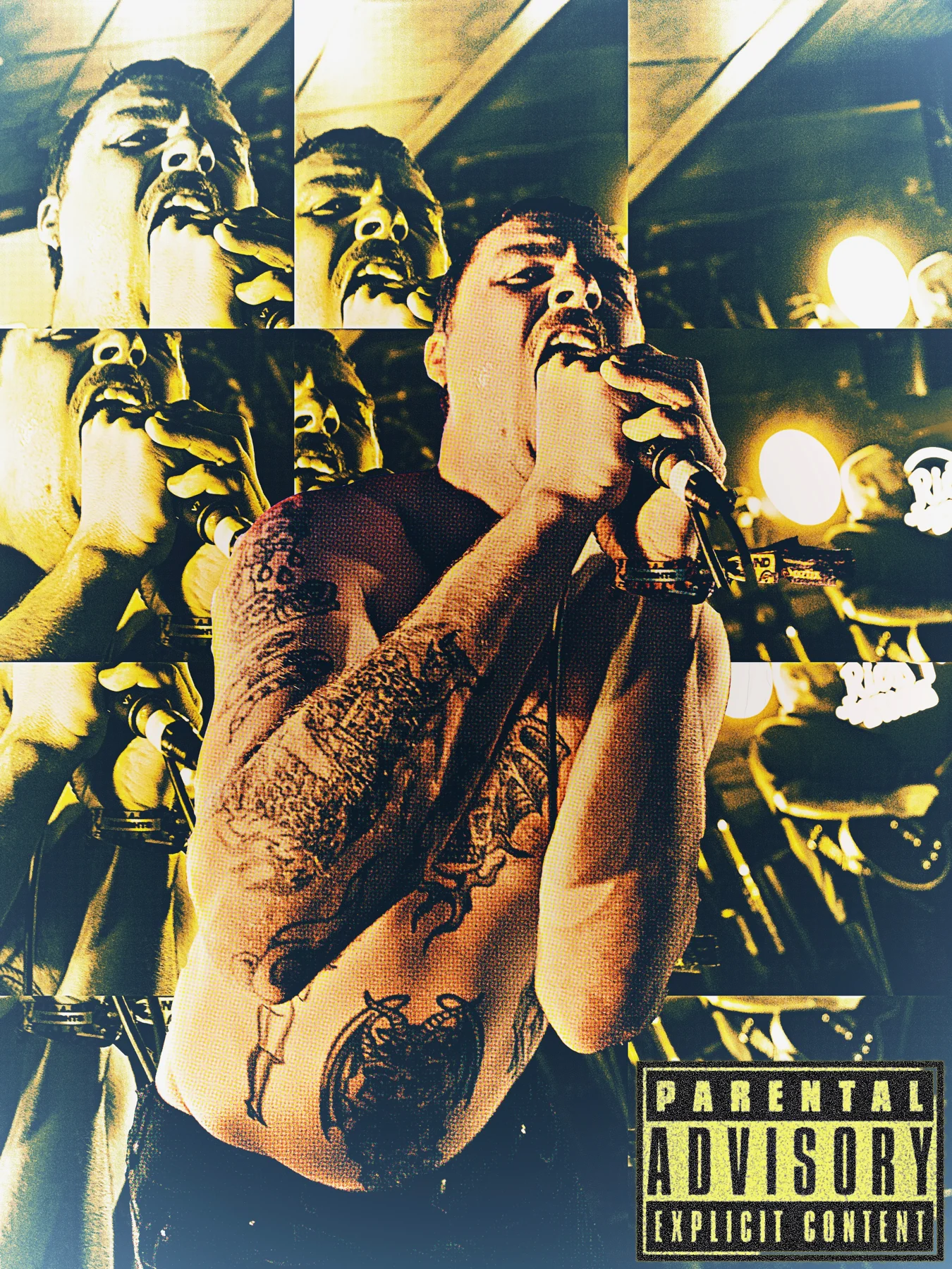 Layered yellow and blue CATPISS vocalist collage