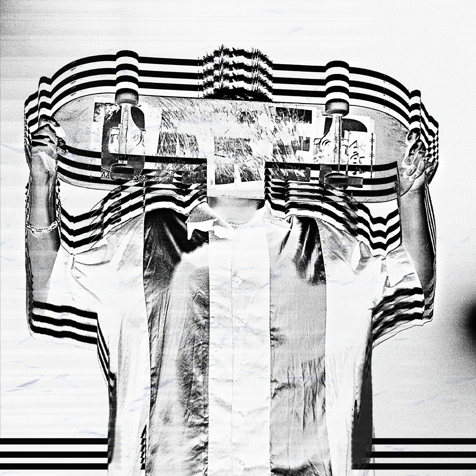 Black and white graphic portrait with a skateboard