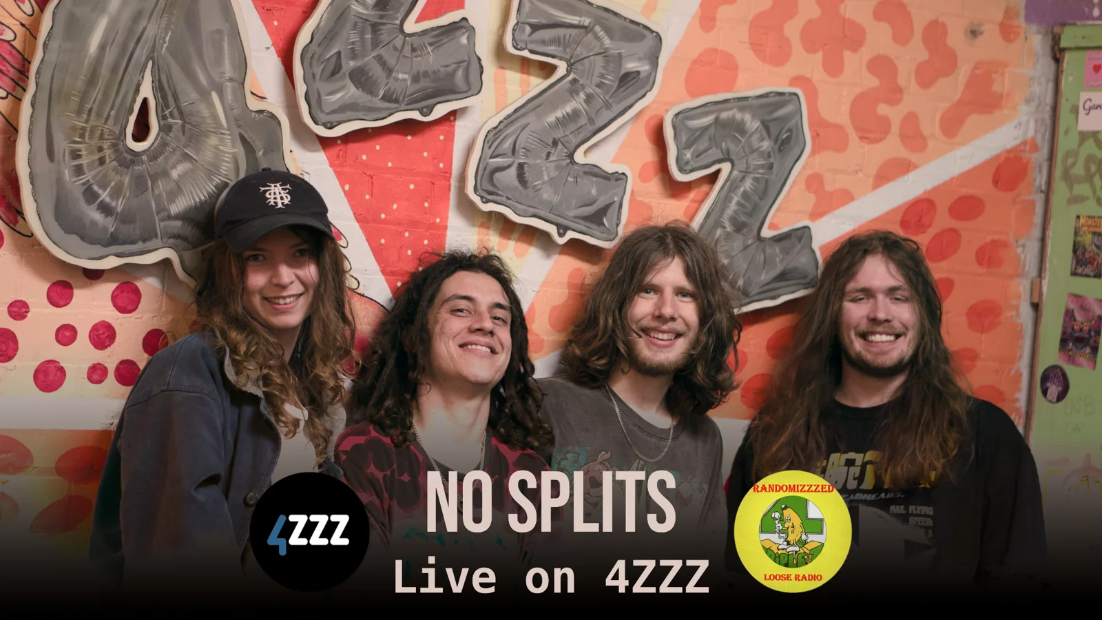 No Splits at 4ZZZ, with the band name and radio programme logos