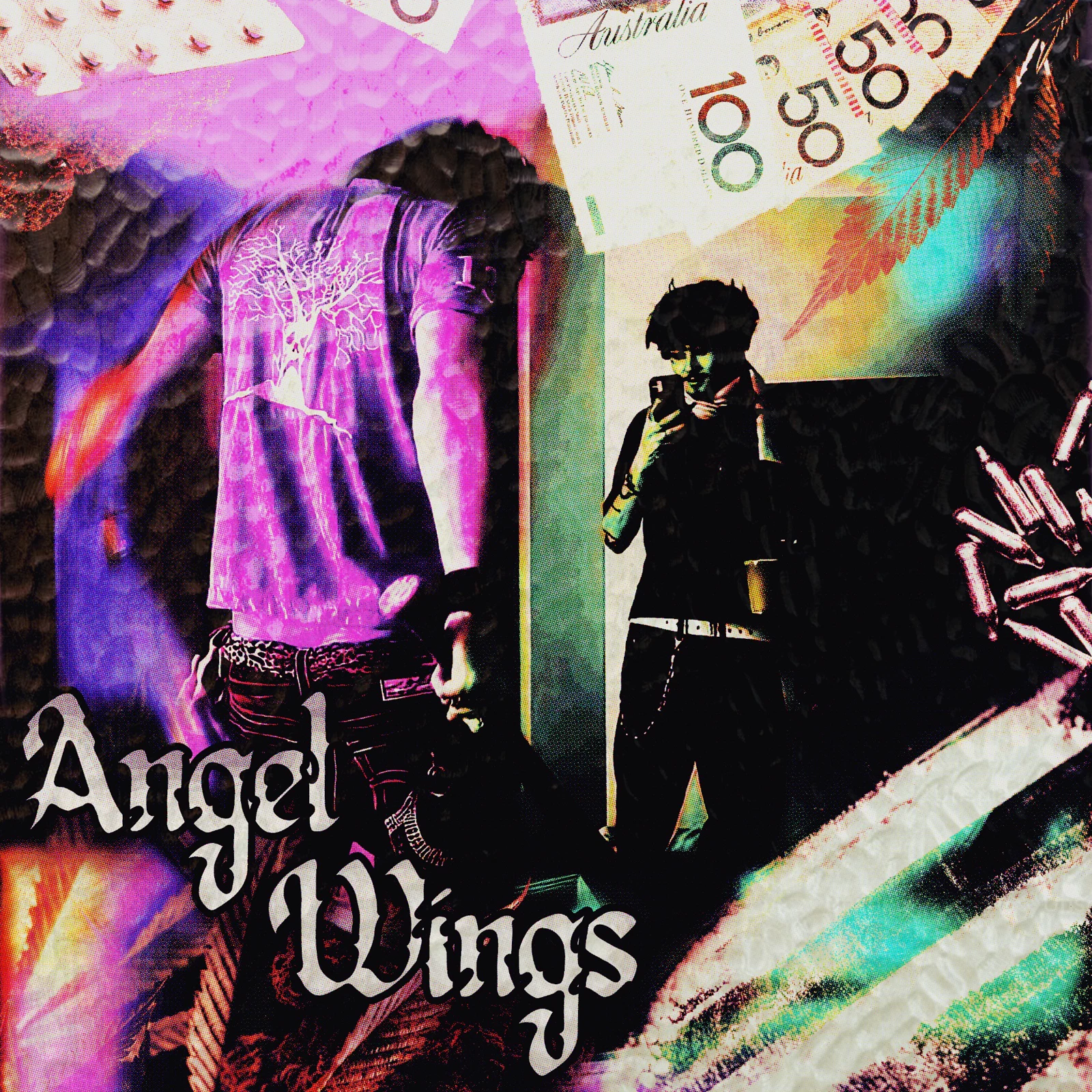 Angel Wings EP cover with vivid collage and gothic lettering