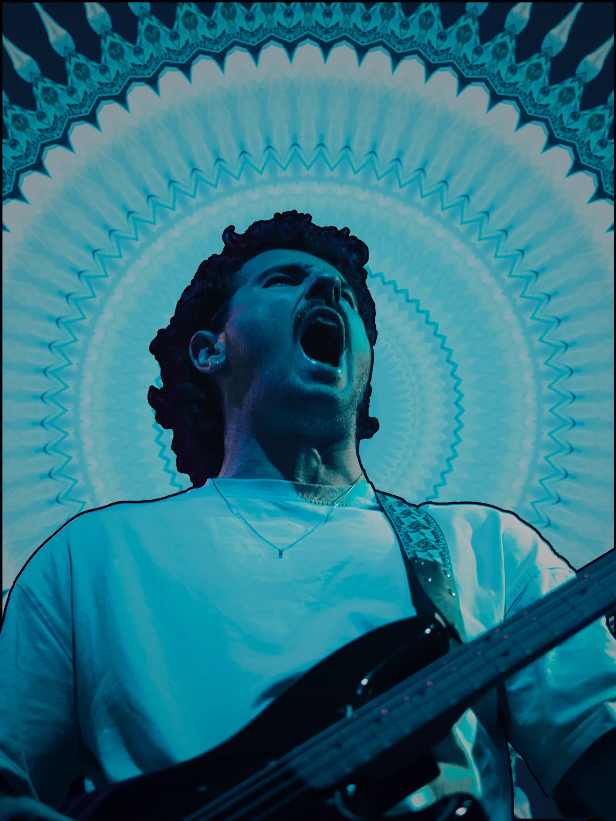 Blue graphic portrait of a CATPISS bassist with a radiating pattern