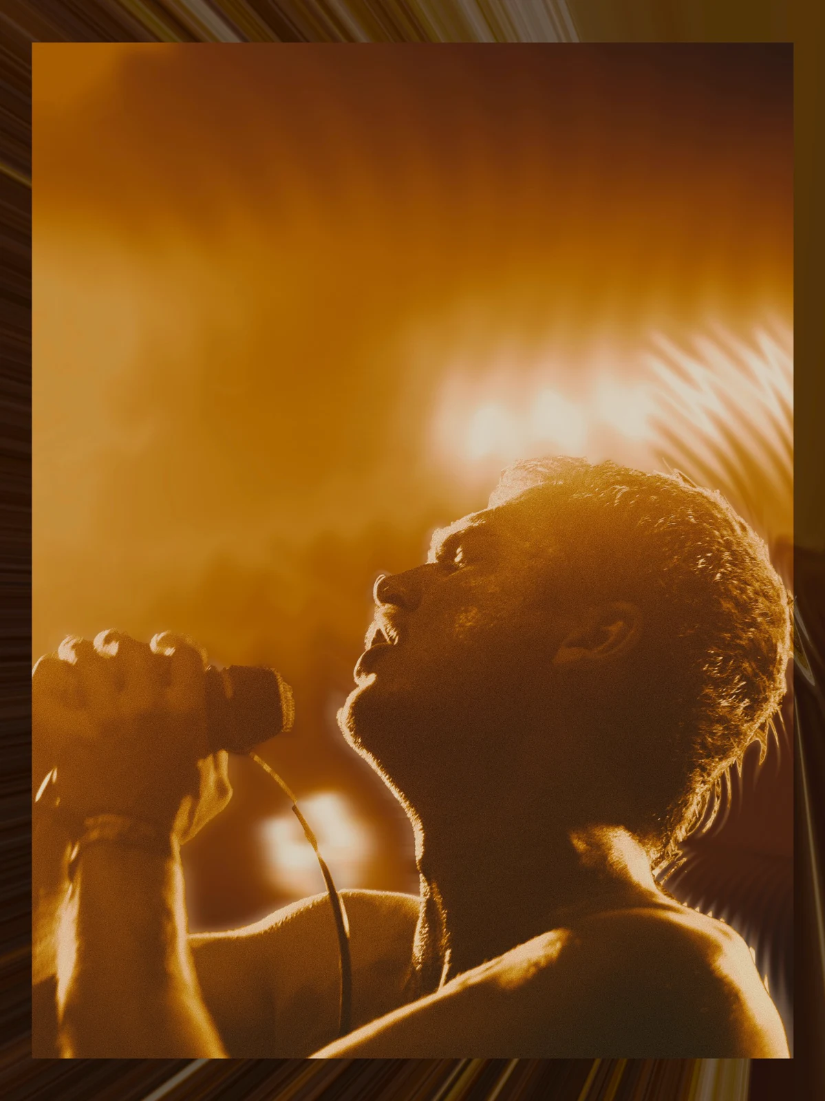 Vocalist in warm backlight with a textured border