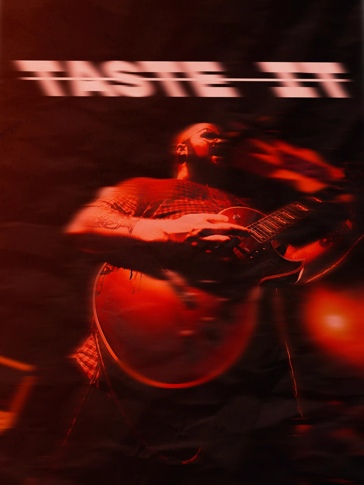 Red guitar performance edit with TASTE IT typography